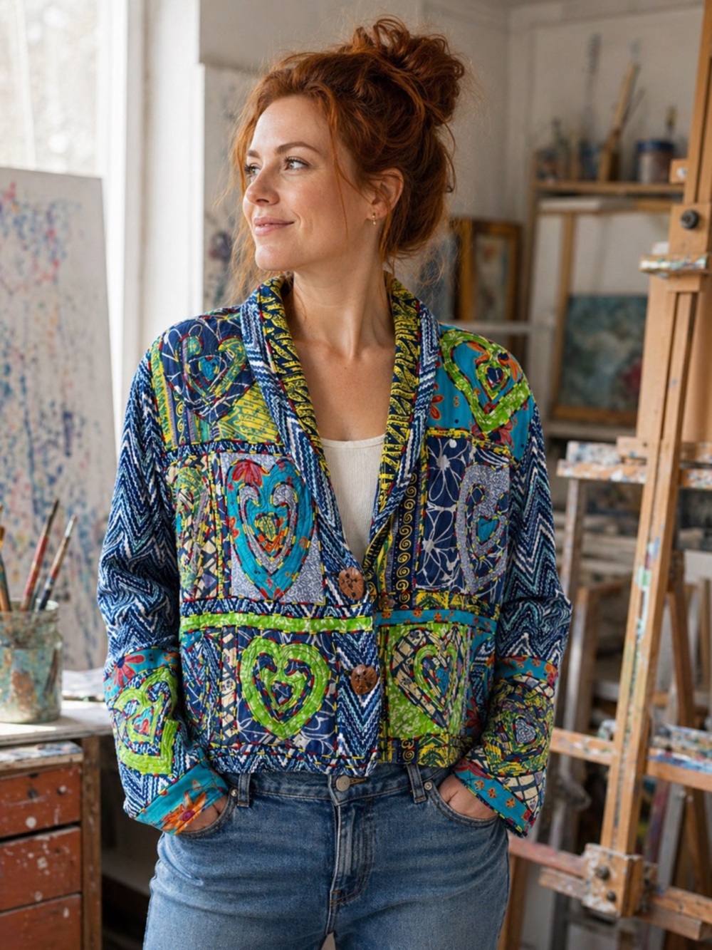 Artisan Patchwork Heart Blazer - Blue & Green